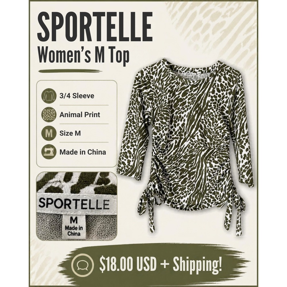 Sportelle Women's Medium Olive Animal Print 3/4 Sleeve Top Side Tie Ruched